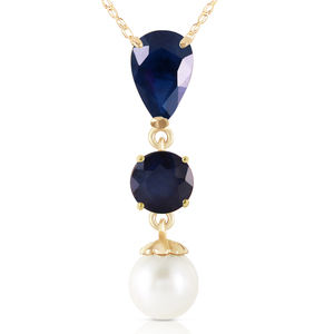 14K. SOLID GOLD NECKLACE WITH SAPPHIRES & PEARL (Yellow Gold)